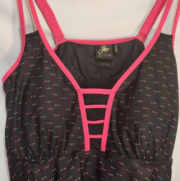 Penningtons Black Tankini with Barbie Pink Polka Dots Size 1X Ruffles Summer - Picture 1 of 8